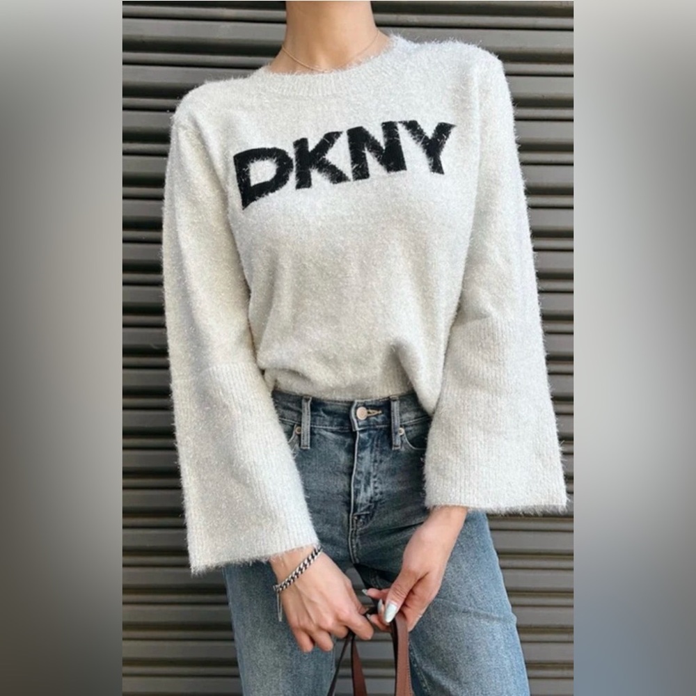 DKNY Metallic Eyelash Logo Sweater Silver Black Bell Sleeve M NWT